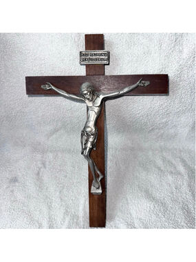 Vintage 12” Wooden Pewter Crucifix Iesus Nazarenus Rex Iudaeorum INRI Jesus